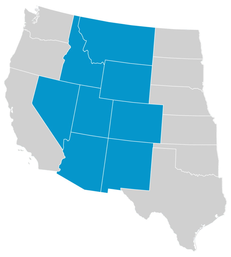 Image of Western United States with Idaho, Montana, Colorado, Nevada, Utah, Wyoming, Arizona, and New Mexico Highlighted