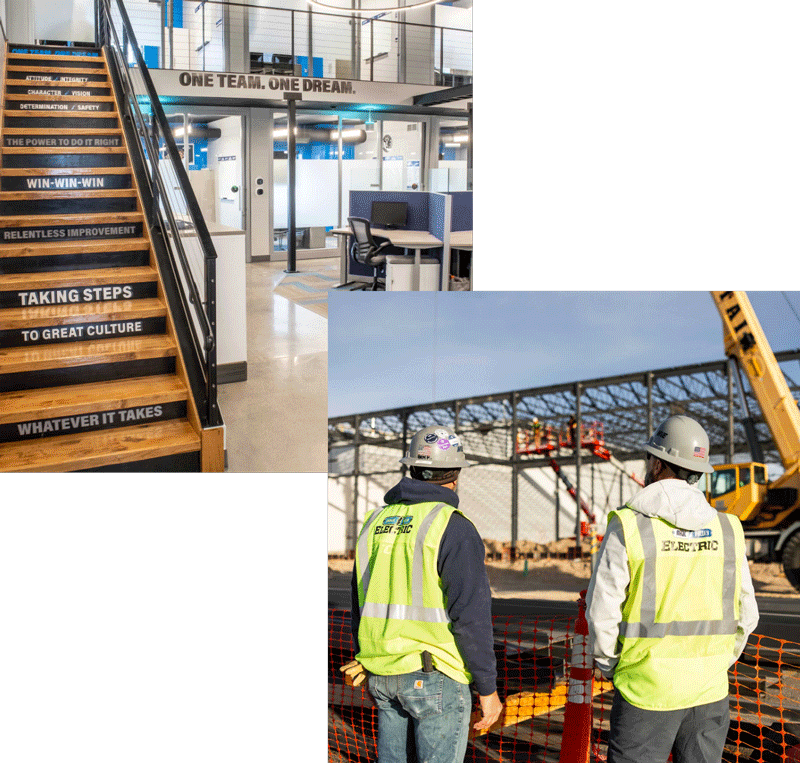 Image of the one team electrical group office and two employees standing next to each other